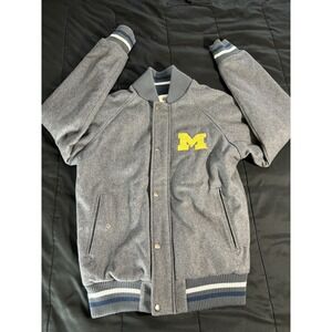 Michigan Bomber Jacket Box Seat Size S Mens Blue Gray Leather NCAA Wolverines
